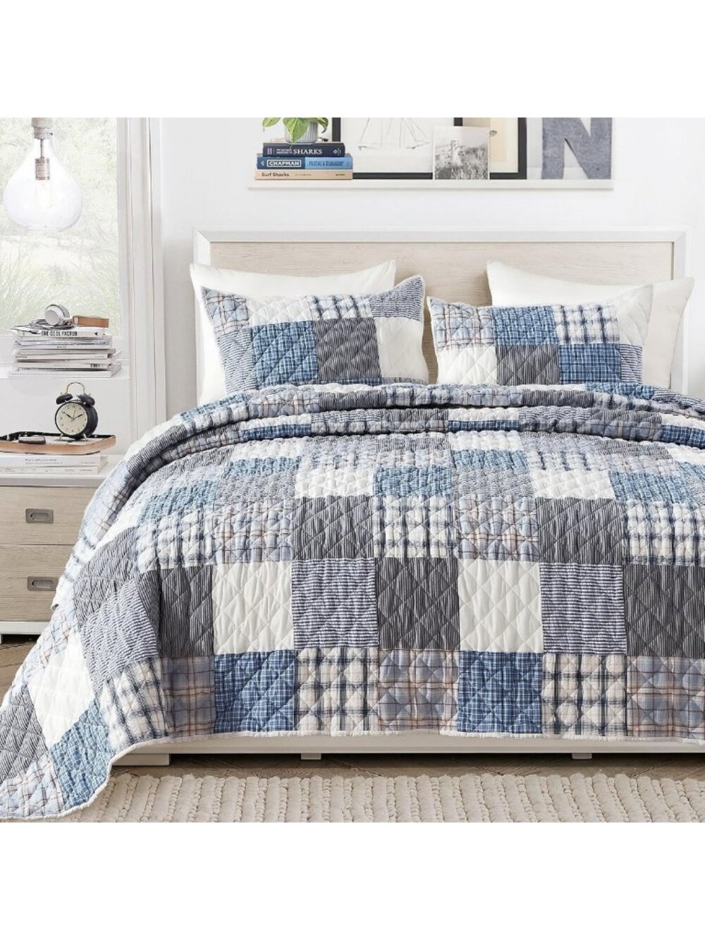 Cozy King Size Patchwork Quilt Set, 3 Piece Yarn-Dyed Cotton Plaid Bedding